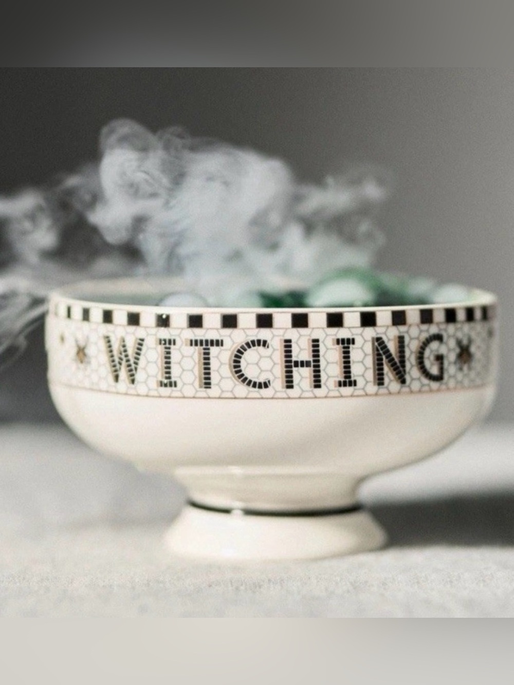 Anthropologie witching hour Ceramic Pedestal Bowl‎ in Black, White & Gold w cat